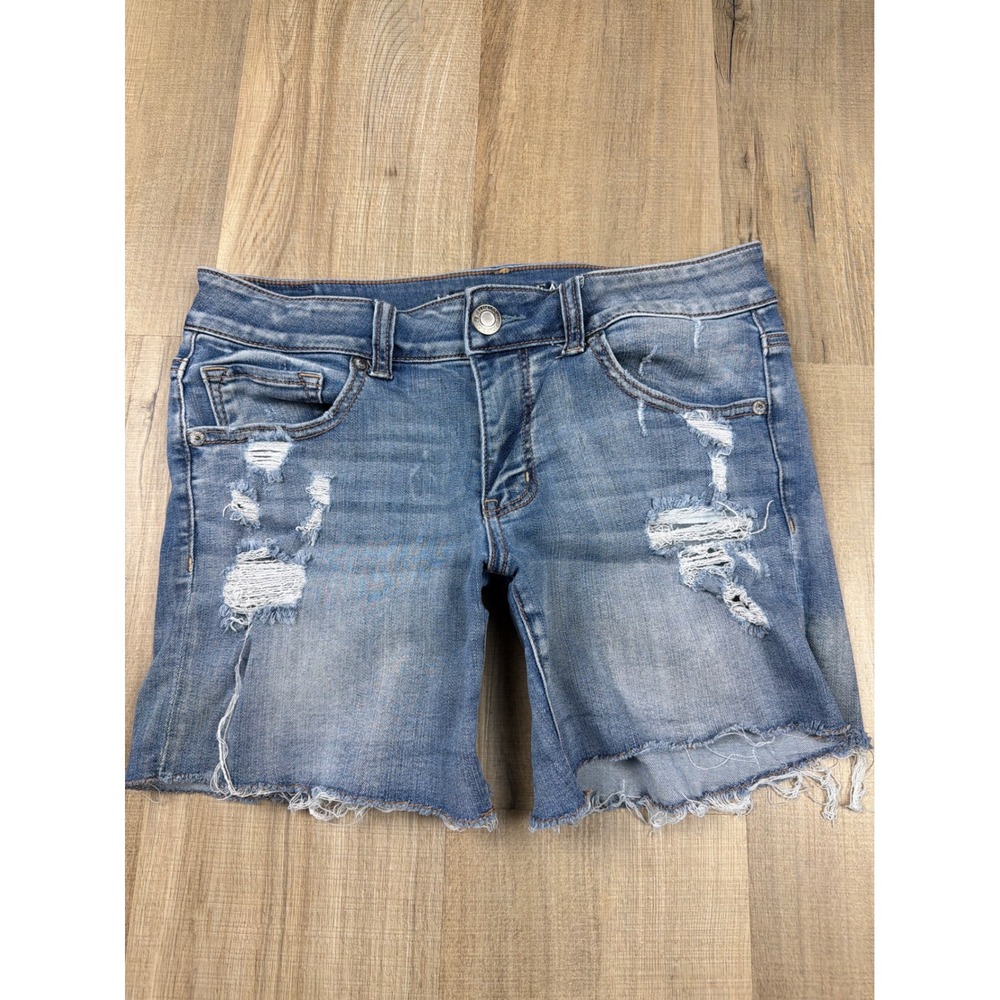 American Eagle Super Super Stretch Distressed Midi Denim Shorts Blue Womens 8